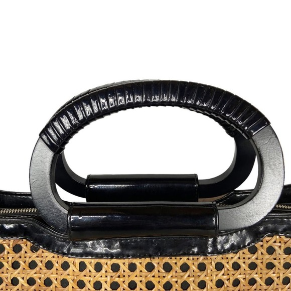 White House Black Market Straw Bag Wicker Black Patent Leather Handbag Tote - Picture 2 of 12